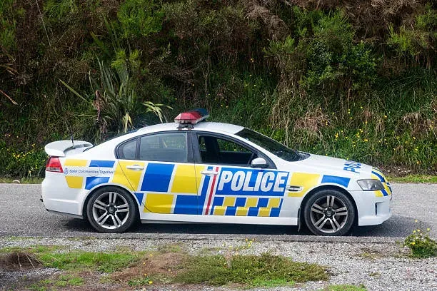 Hokitika, New Zealand, March 13, 2016. New Zealand Police car along a street in Hokitika, New Zealand.